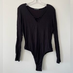 Black Long Sleeved Ribbed Bodysuit - Casual Soft Style - Size M